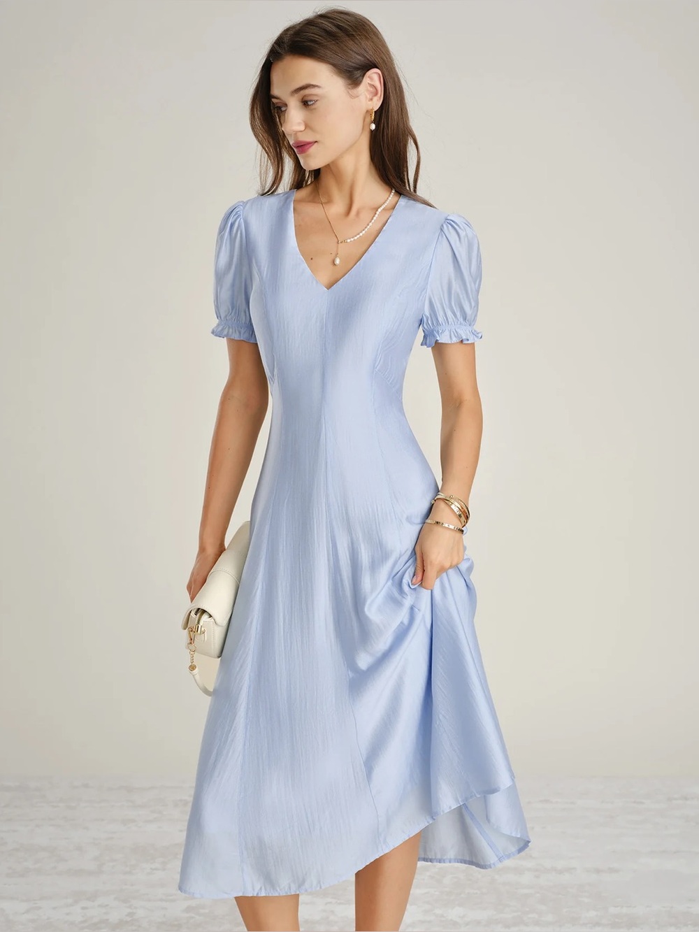 Rihoas Light Blue V-Neck Puff Sleeve Midi Dress